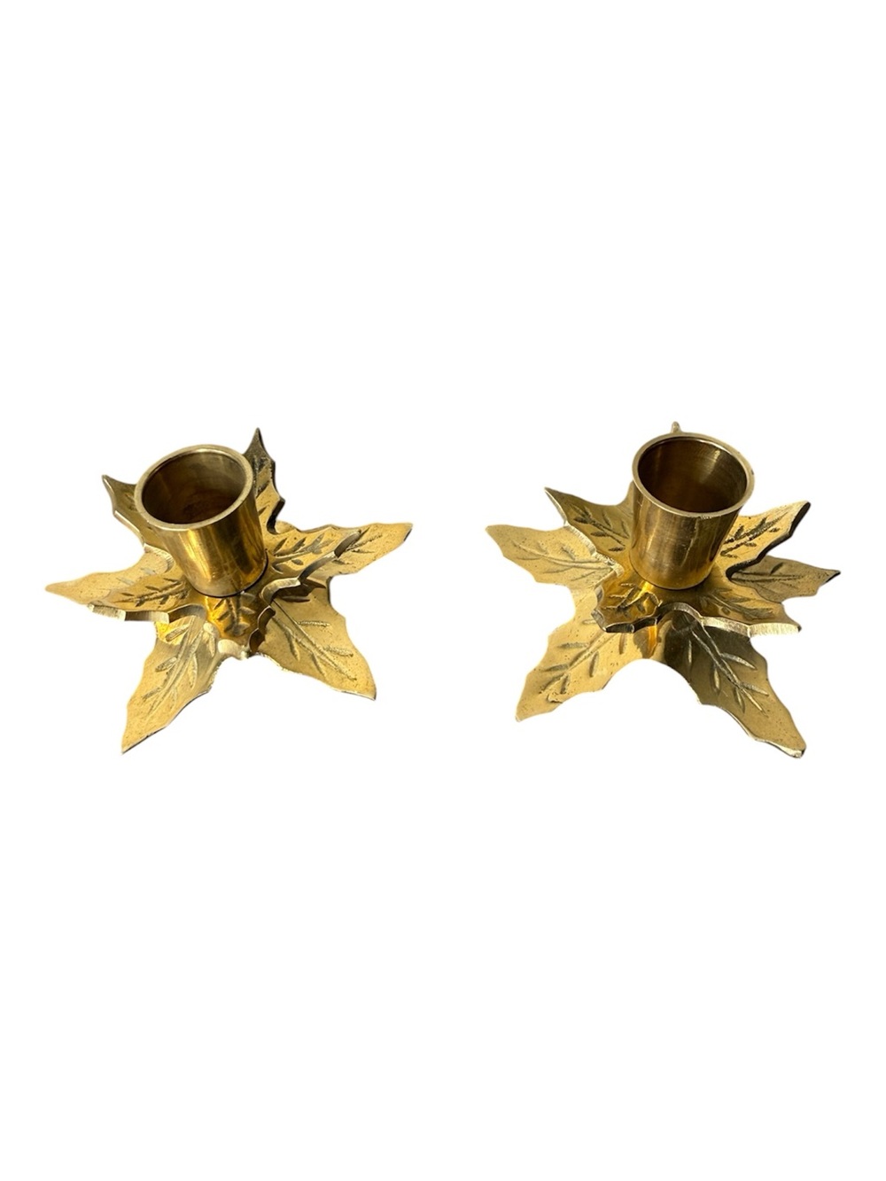 Vintage Brass Holly Candlestick Candle Holders Set of 2 Holiday Christmas Leaf